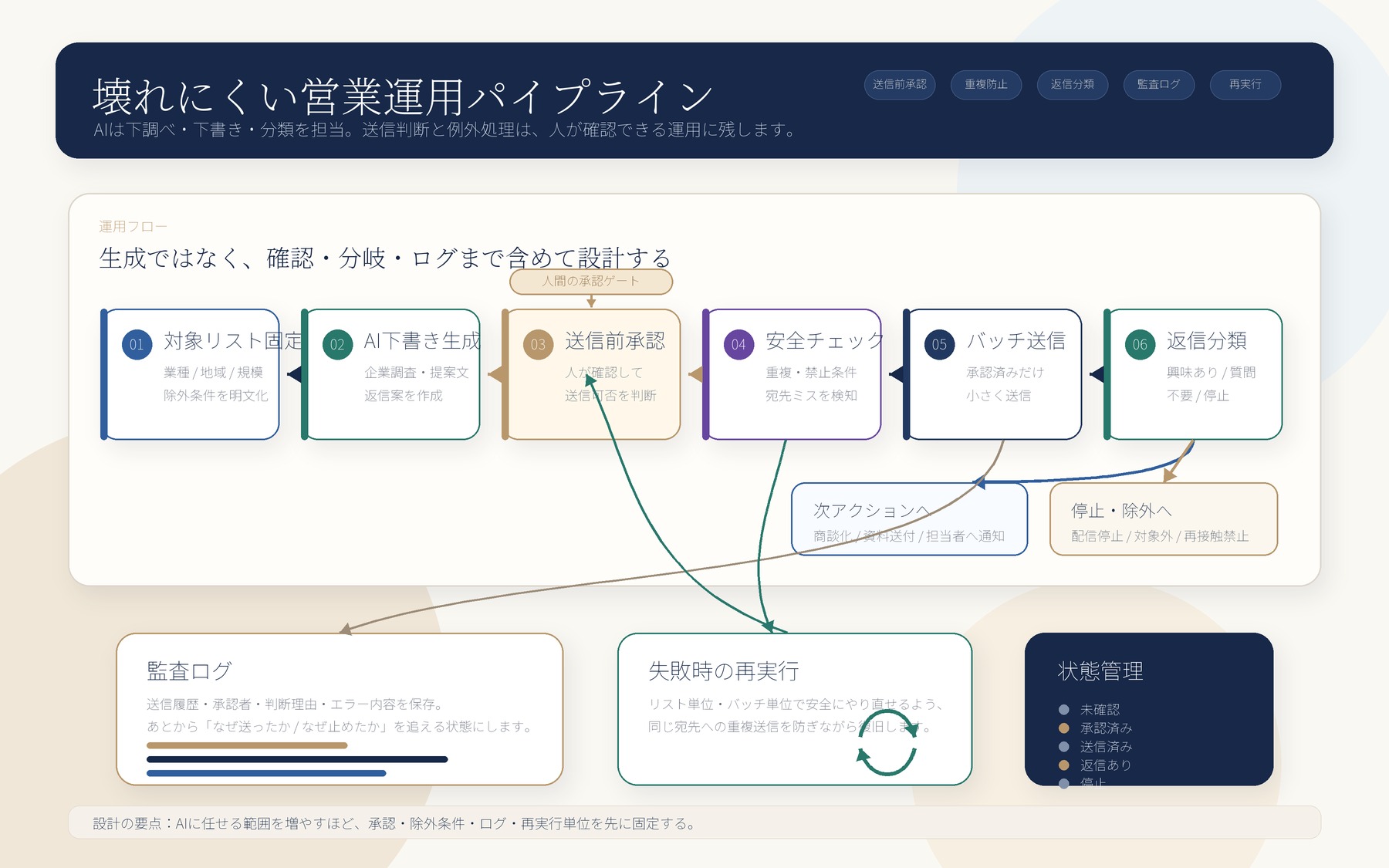 対象リスト固定、AI下書き生成、送信前承認、安全チェック、バッチ送信、返信分類、監査ログ、再実行、状態管理をつないだ営業運用パイプライン図